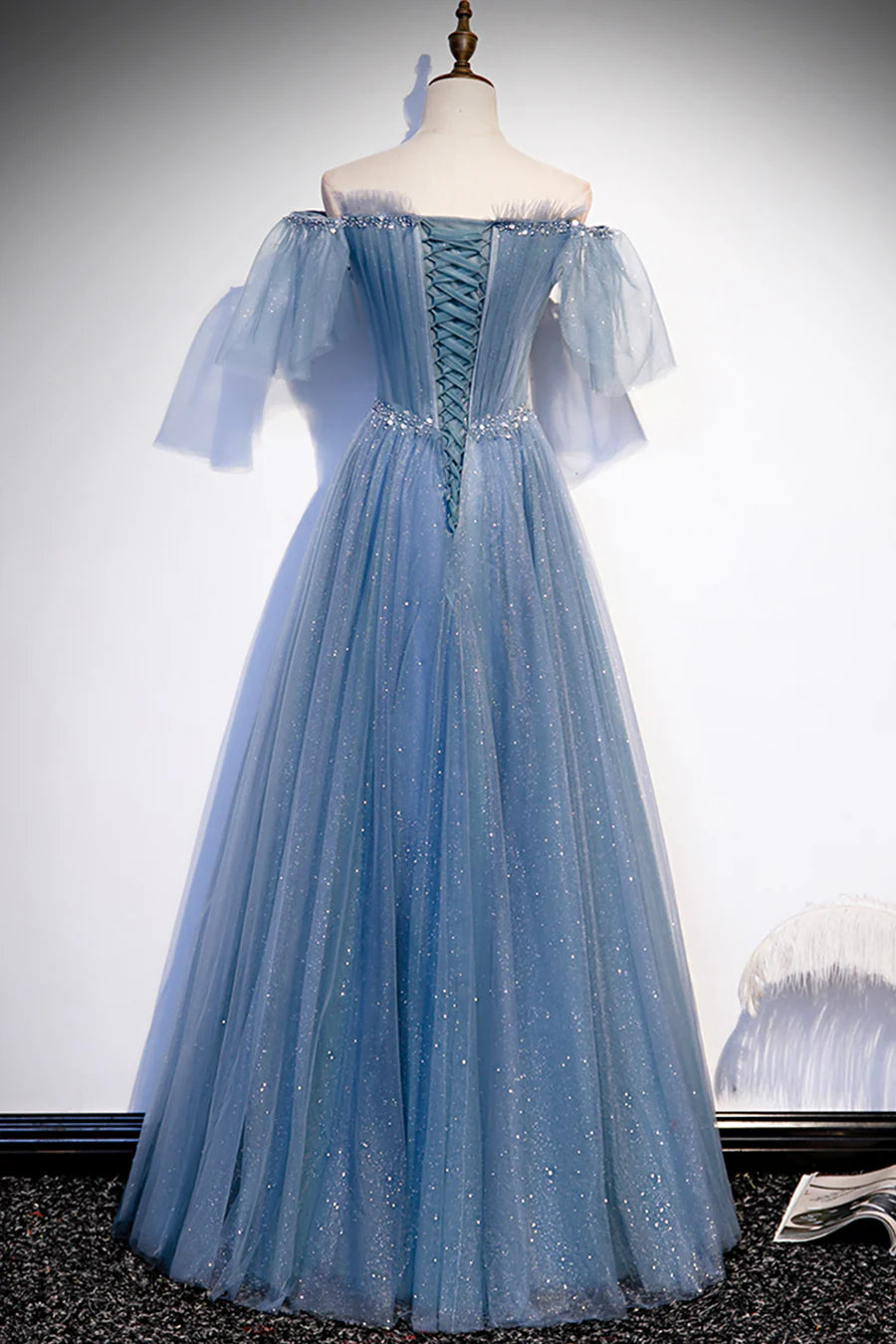 Blue Tulle Beading Long Prom Dresses, A-Line Evening Party Dresses TP695
