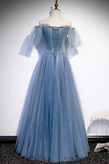Blue Tulle Beading Long Prom Dresses, A-Line Evening Party Dresses TP695