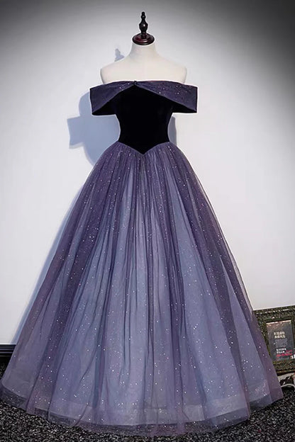 Purple Velvet Tulle Long Prom Dresses, A-Line Off the Shoulder Evening Dresses TP696