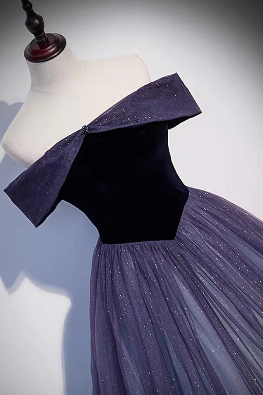Purple Velvet Tulle Long Prom Dresses, A-Line Off the Shoulder Evening Dresses TP696