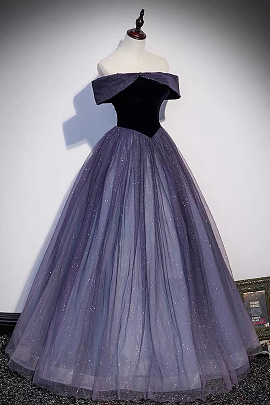 Purple Velvet Tulle Long Prom Dresses, A-Line Off the Shoulder Evening Dresses TP696