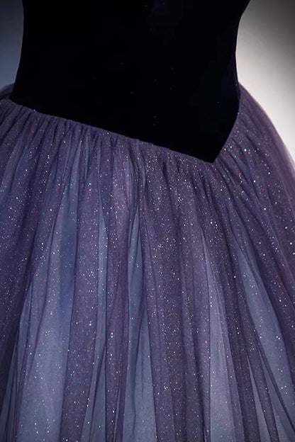 Purple Velvet Tulle Long Prom Dresses, A-Line Off the Shoulder Evening Dresses TP696