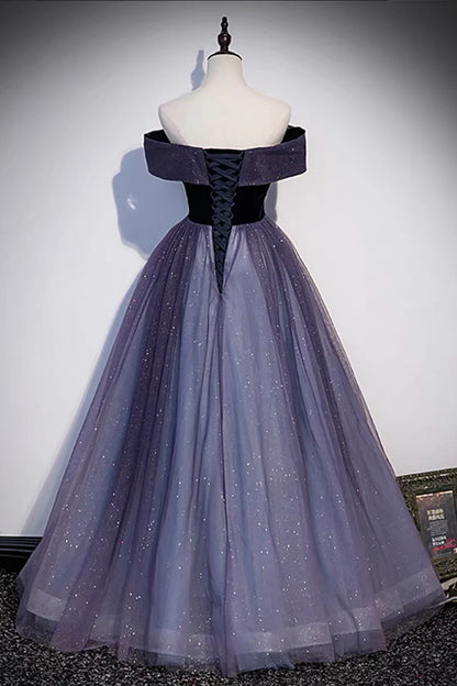 Purple Velvet Tulle Long Prom Dresses, A-Line Off the Shoulder Evening Dresses TP696