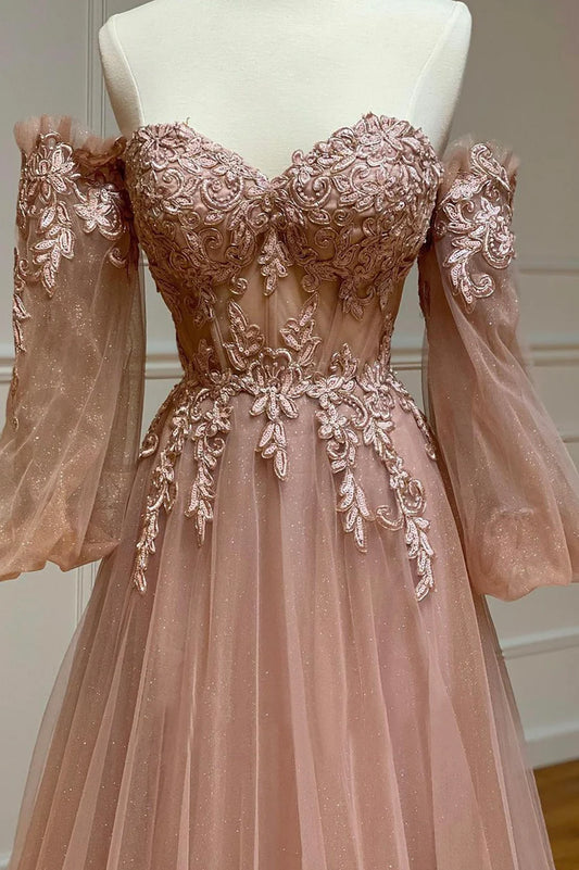 A-Line Tulle Lace Long Prom Dresses, Off the Shoulder Lace Formal Dresses TP697