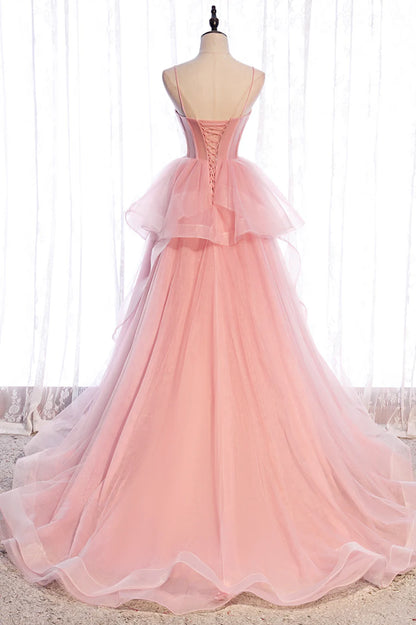 Pink Tulle Long Prom Dresses, A-Line Evening Dresses TP698