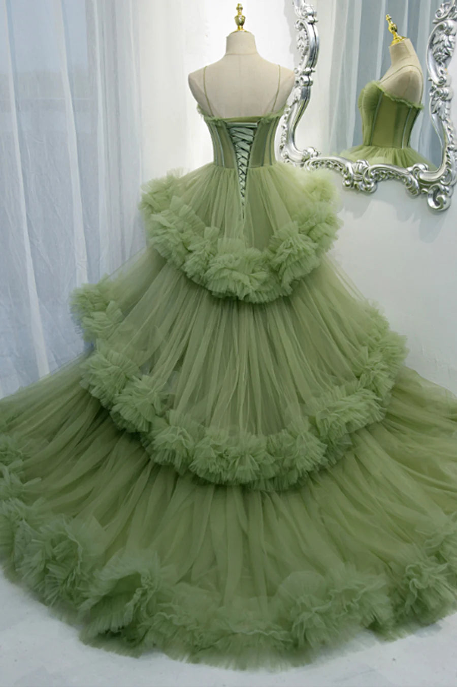 Green Tulle Long Prom Dresses, A-Line Formal Evening Dresses TP699