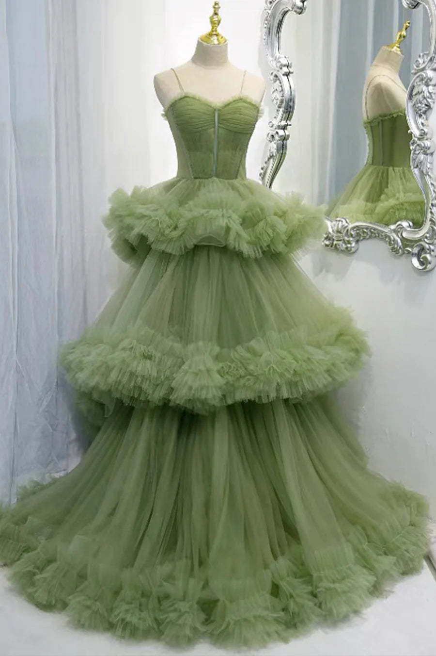 Green Tulle Long Prom Dresses, A-Line Formal Evening Dresses TP699