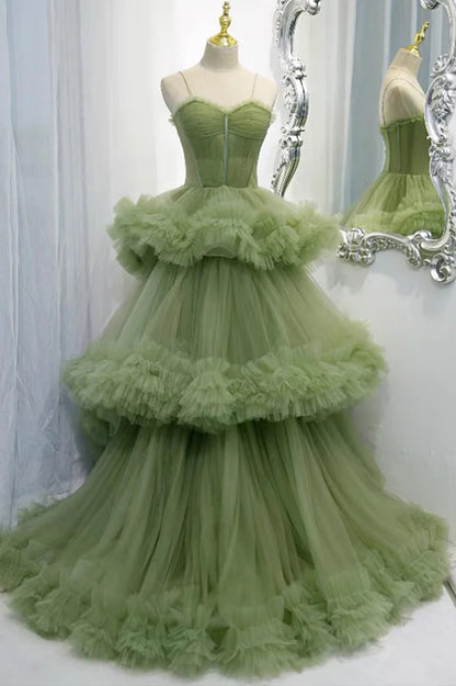 Green Tulle Long Prom Dresses, A-Line Formal Evening Dresses TP699