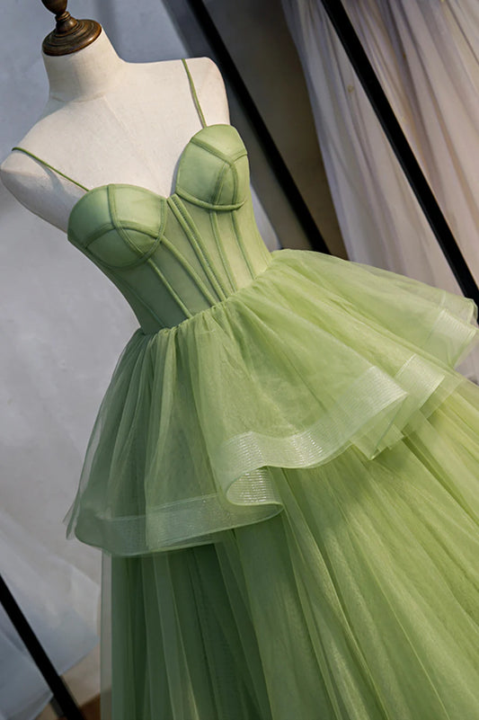 Green Tulle Long Prom Dresses, A-Line Evening Dresses with Train TP700