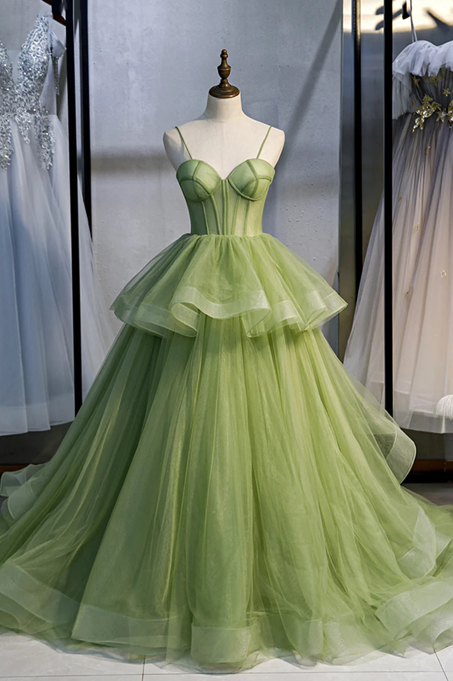 Green Tulle Long Prom Dresses, A-Line Evening Dresses with Train TP700