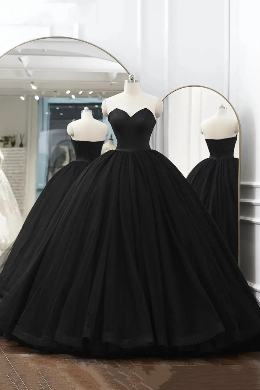 Black Tulle Long A-Line Prom Dresses, Black Strapless Long Evening Dresses TP701