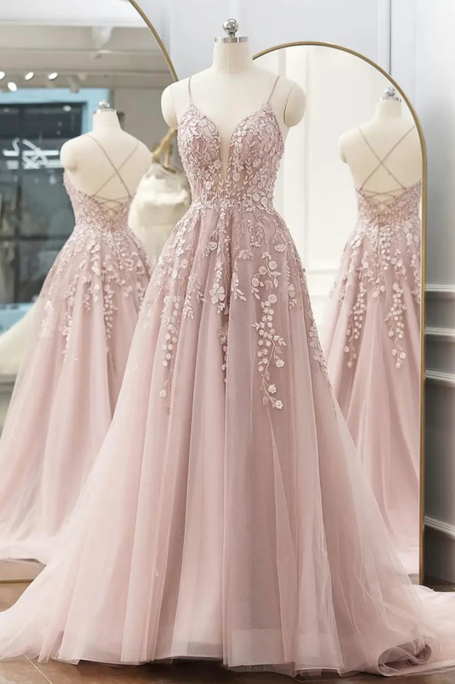 Previous Next   Pink Tulle Lace Long Prom Dresses, A-line Spaghetti Strap Evening Dresses TP703