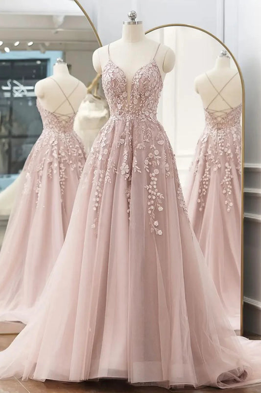 Previous Next   Pink Tulle Lace Long Prom Dresses, A-line Spaghetti Strap Evening Dresses TP703