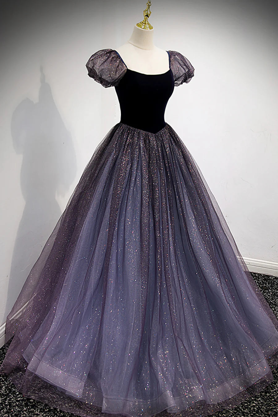 Purple Velvet Tulle Long Prom Dresses, A-Line Evening Dresses TP705