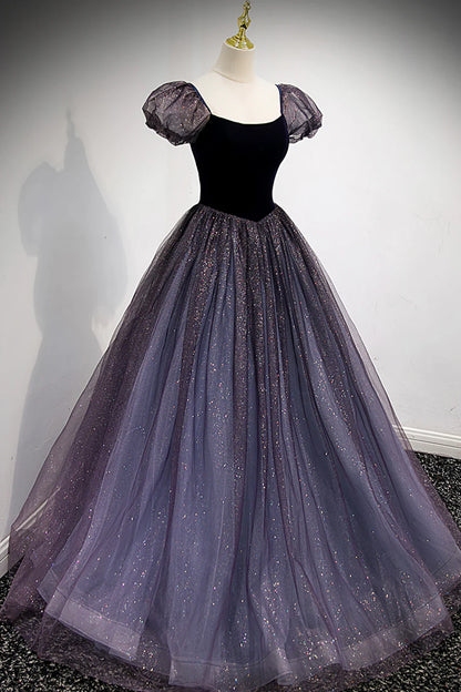 Purple Velvet Tulle Long Prom Dresses, A-Line Evening Dresses TP705
