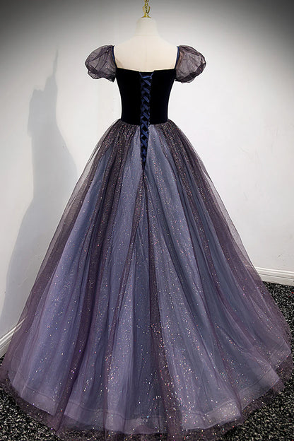 Purple Velvet Tulle Long Prom Dresses, A-Line Evening Dresses TP705