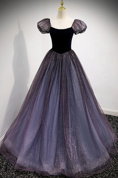 Purple Velvet Tulle Long Prom Dresses, A-Line Evening Dresses TP705