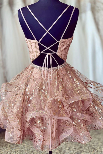 Pink V-Neck Tulle Short Prom Dresses, A-Line Mini Party Dresses TP710