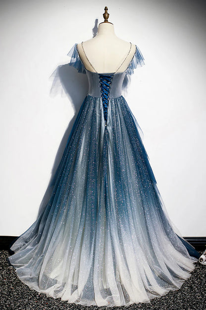 Blue Tulle Long Prom Dresses, A-Line Formal Evening Dresses TP713