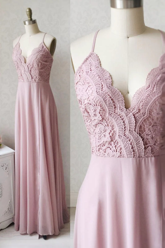 Pink Chiffon Lace Long Prom Dresses, V-Neck Spaghetti Strap Party Dresses TP715