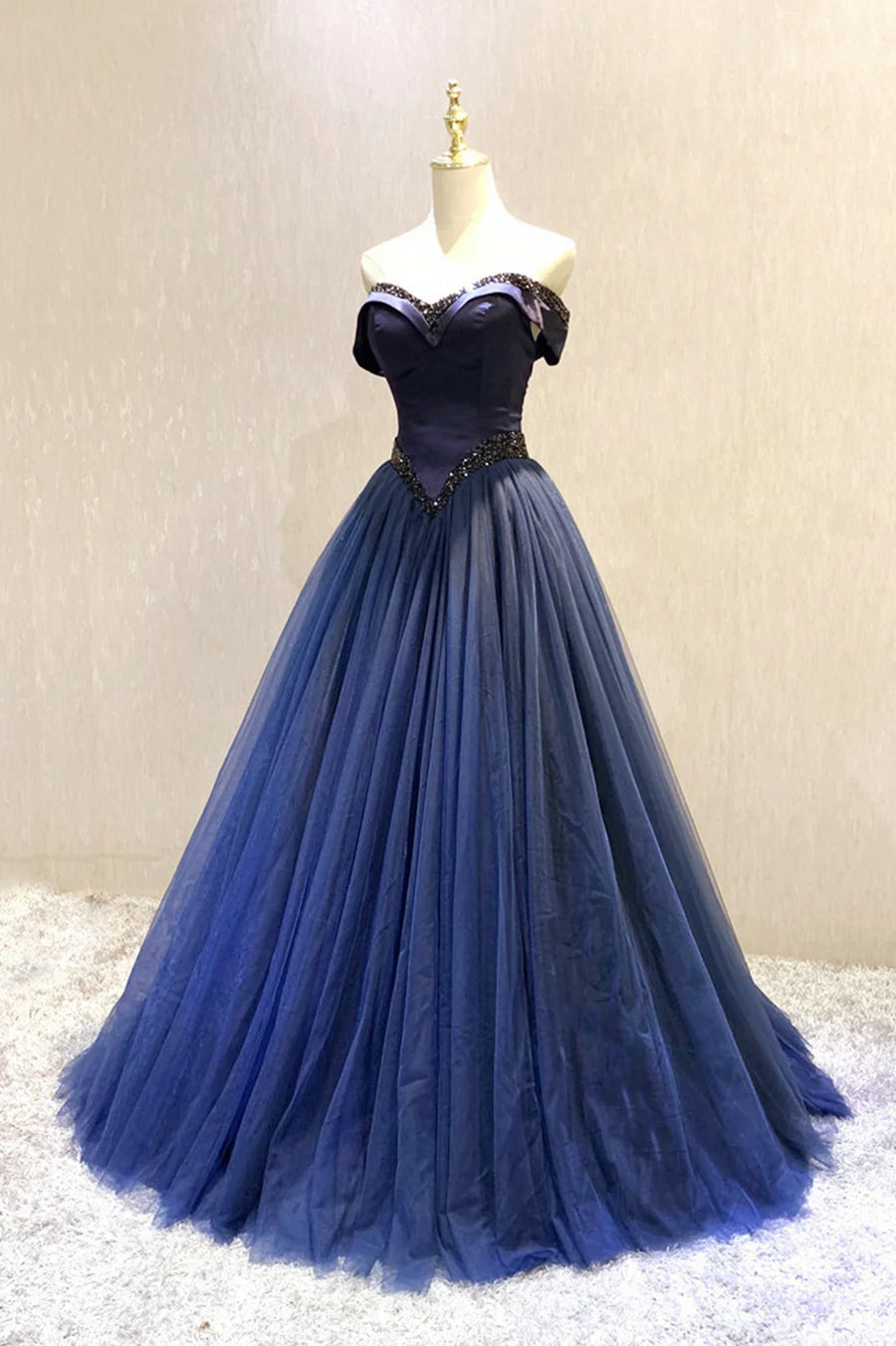 A-Line Tulle Beading Long Prom Dresses, Off the Shoulder Evening Dresses TP723