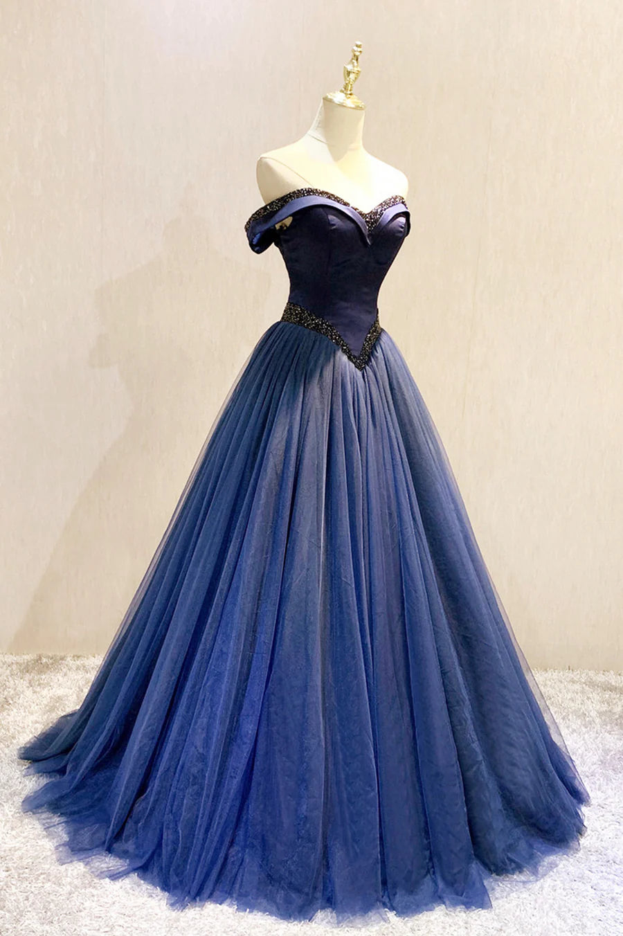 A-Line Tulle Beading Long Prom Dresses, Off the Shoulder Evening Dresses TP723