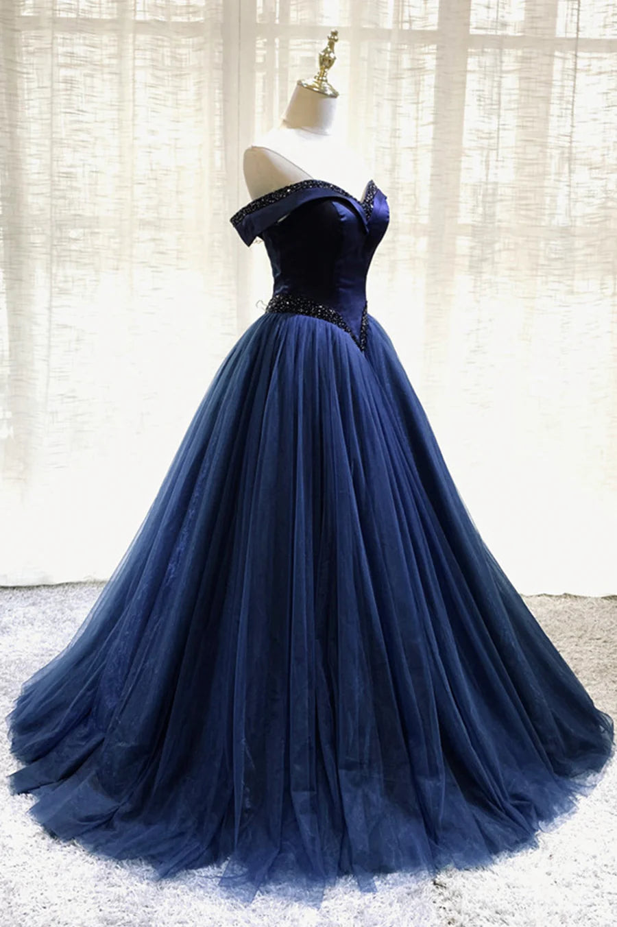 A-Line Tulle Beading Long Prom Dresses, Off the Shoulder Evening Dresses TP723