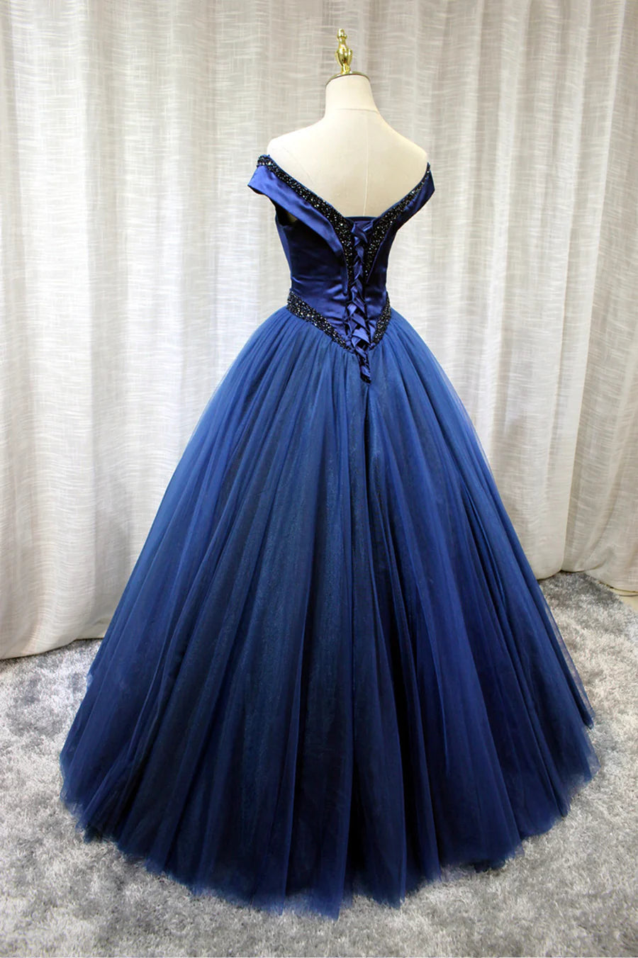 A-Line Tulle Beading Long Prom Dresses, Off the Shoulder Evening Dresses TP723