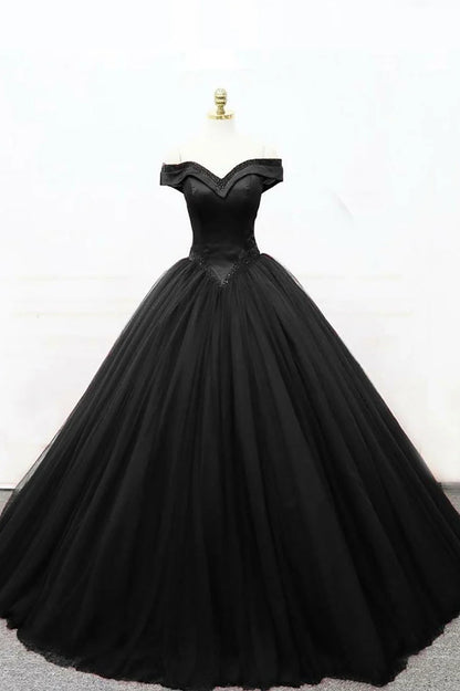 A-Line Tulle Beading Long Prom Dresses, Off the Shoulder Evening Dresses TP723