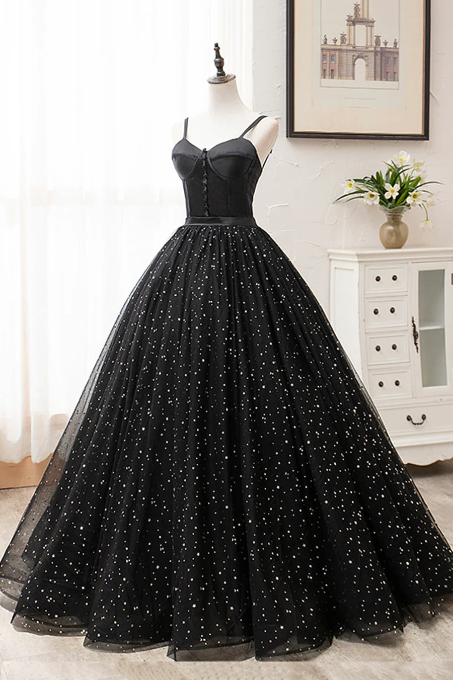 Black Tulle Long A-Line Long Prom Dresses, Black Evening Party Dresses TP724