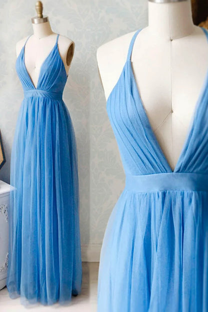 A-Line Tulle Long Prom Dresses, Simple V-Neck Party Dresses TP726