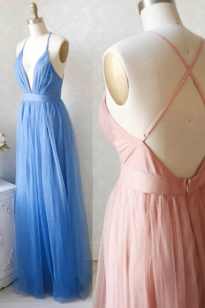A-Line Tulle Long Prom Dresses, Simple V-Neck Party Dresses TP726