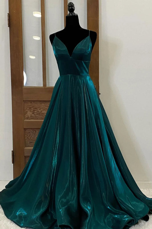 Green Satin Long Prom Dresses, Simple V-Neck Evening Dresses TP727