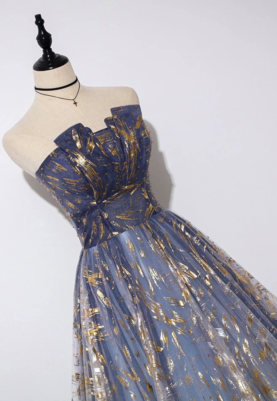 A-Line Strapless Tulle Long Prom Dresses, Cute Evening Party Dresses TP728