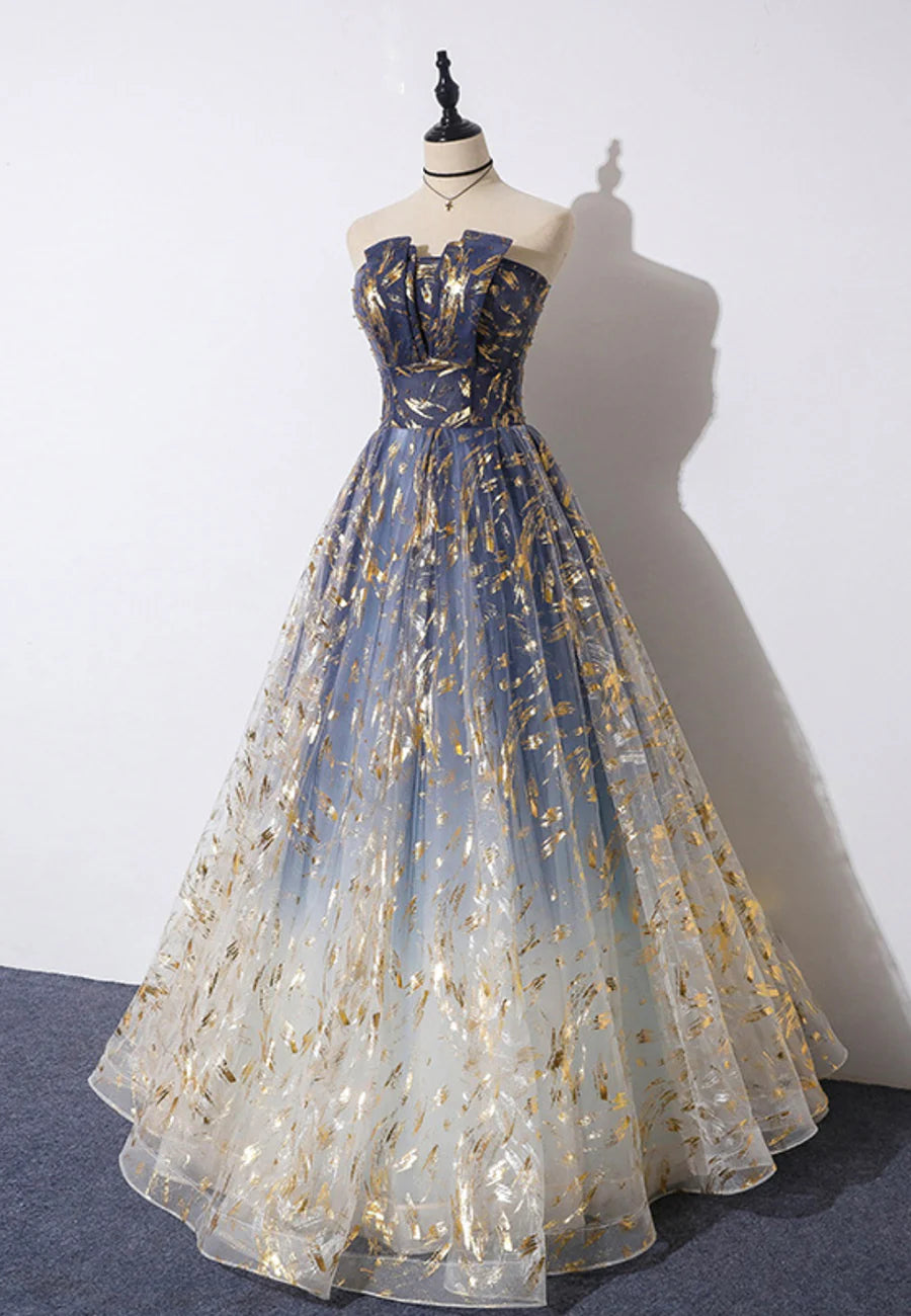 A-Line Strapless Tulle Long Prom Dresses, Cute Evening Party Dresses TP728