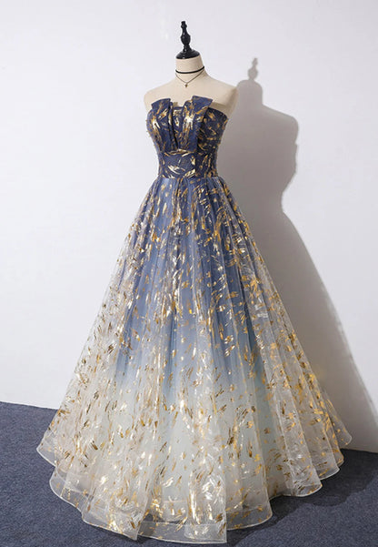 A-Line Strapless Tulle Long Prom Dresses, Cute Evening Party Dresses TP728