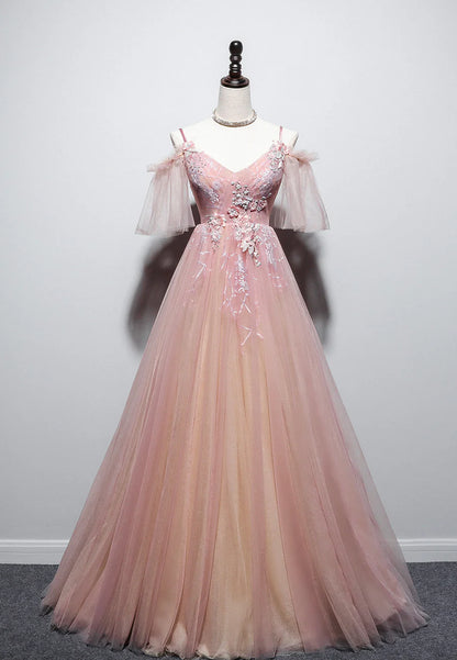 Pink V-Neck Lace Long Prom Dresses, A-Line Evening Dresses TP730
