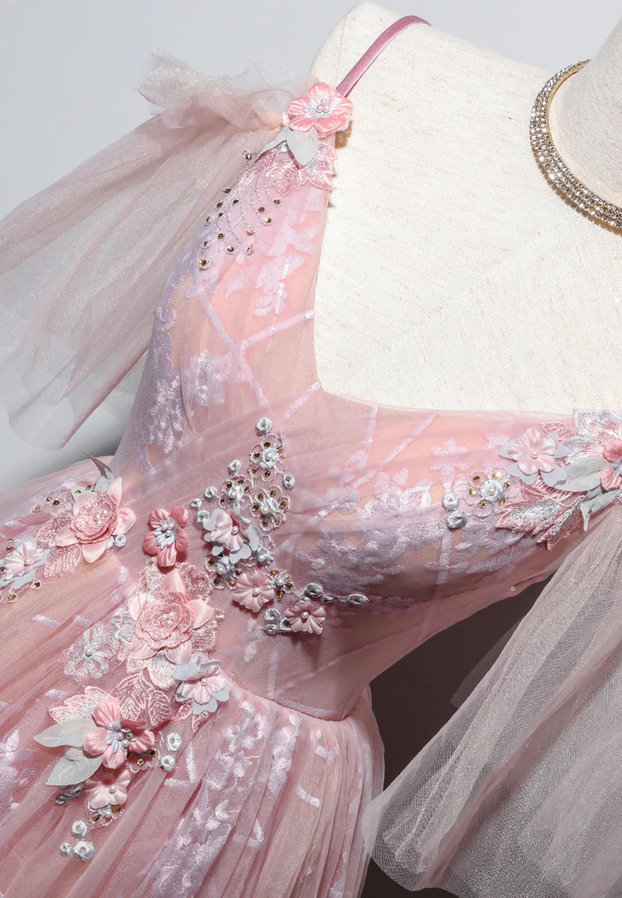 Pink V-Neck Lace Long Prom Dresses, A-Line Evening Dresses TP730
