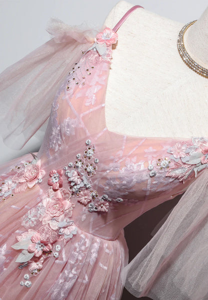 Pink V-Neck Lace Long Prom Dresses, A-Line Evening Dresses TP730
