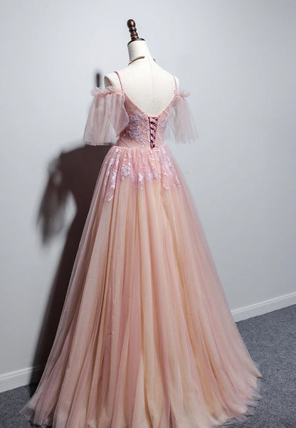 Pink V-Neck Lace Long Prom Dresses, A-Line Evening Dresses TP730