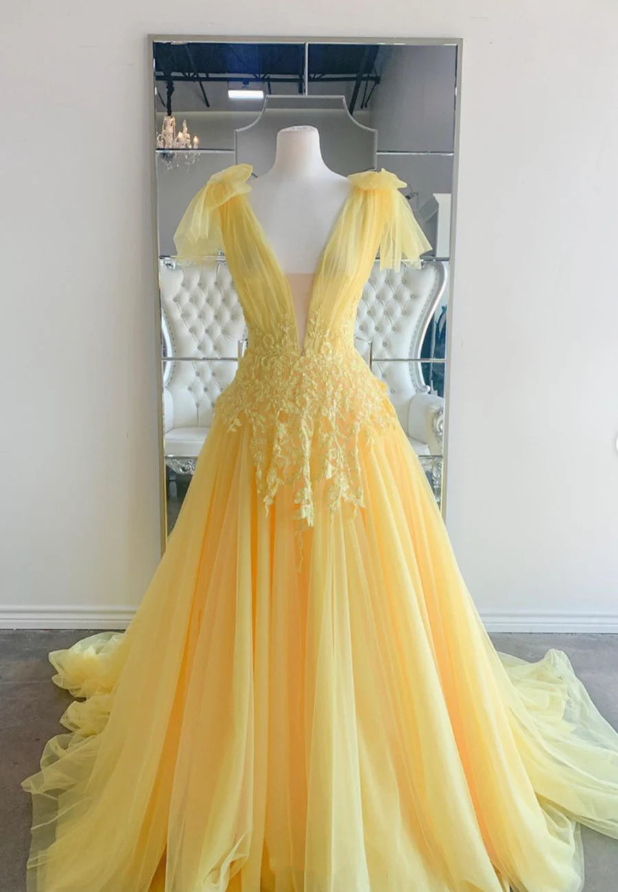 Yellow V-Neck Lace Long Prom Dresses, A-Line Evening Dresses TP731