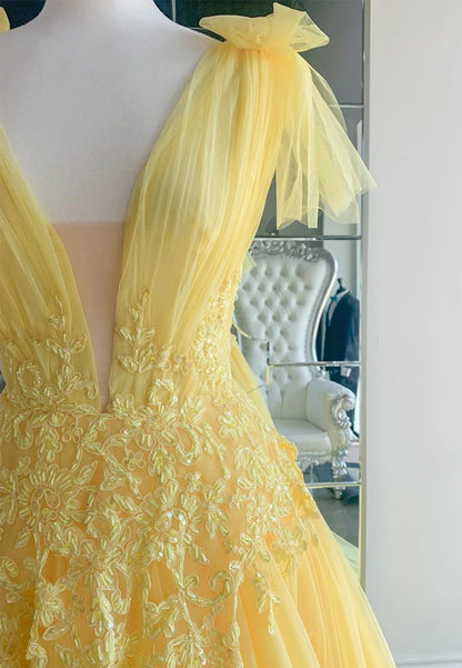 Yellow V-Neck Lace Long Prom Dresses, A-Line Evening Dresses TP731