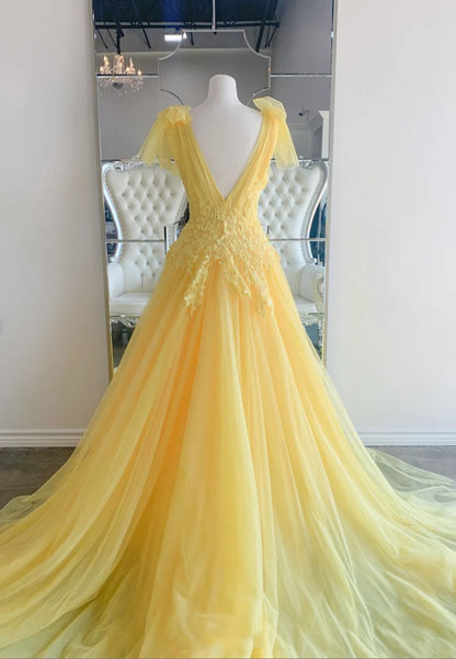 Yellow V-Neck Lace Long Prom Dresses, A-Line Evening Dresses TP731