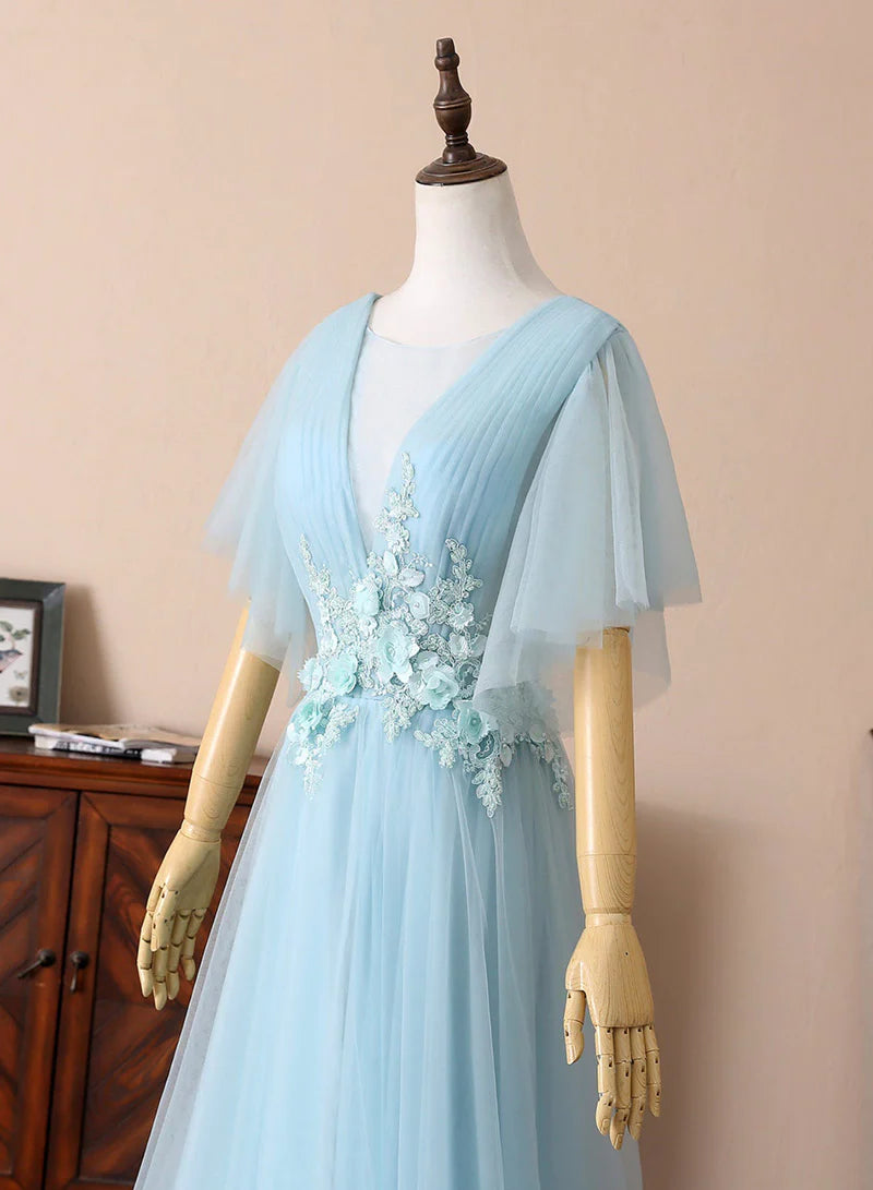 Blue V-Neck Lace Long Prom Dresses, A-Line Evening Dresses TP732