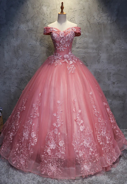 Pink Lace Long Prom Dresses, A-Line Off the Shoulder Evening Dresses TP733