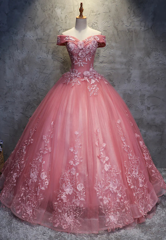 Pink Lace Long Prom Dresses, A-Line Off the Shoulder Evening Dresses TP733
