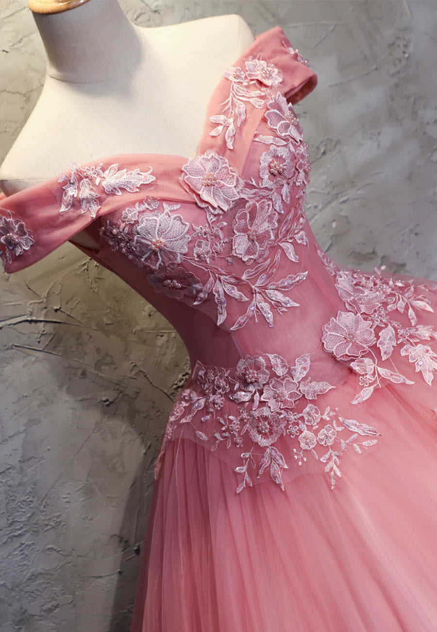 Pink Lace Long Prom Dresses, A-Line Off the Shoulder Evening Dresses TP733