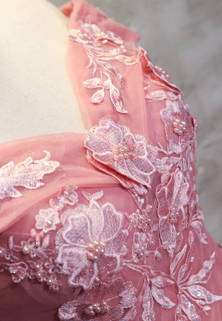 Pink Lace Long Prom Dresses, A-Line Off the Shoulder Evening Dresses TP733