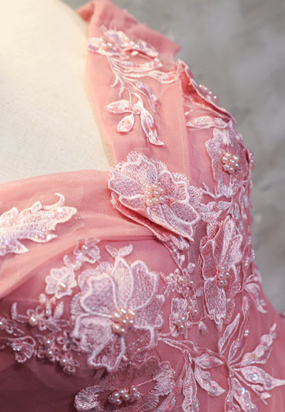 Pink Lace Long Prom Dresses, A-Line Off the Shoulder Evening Dresses TP733