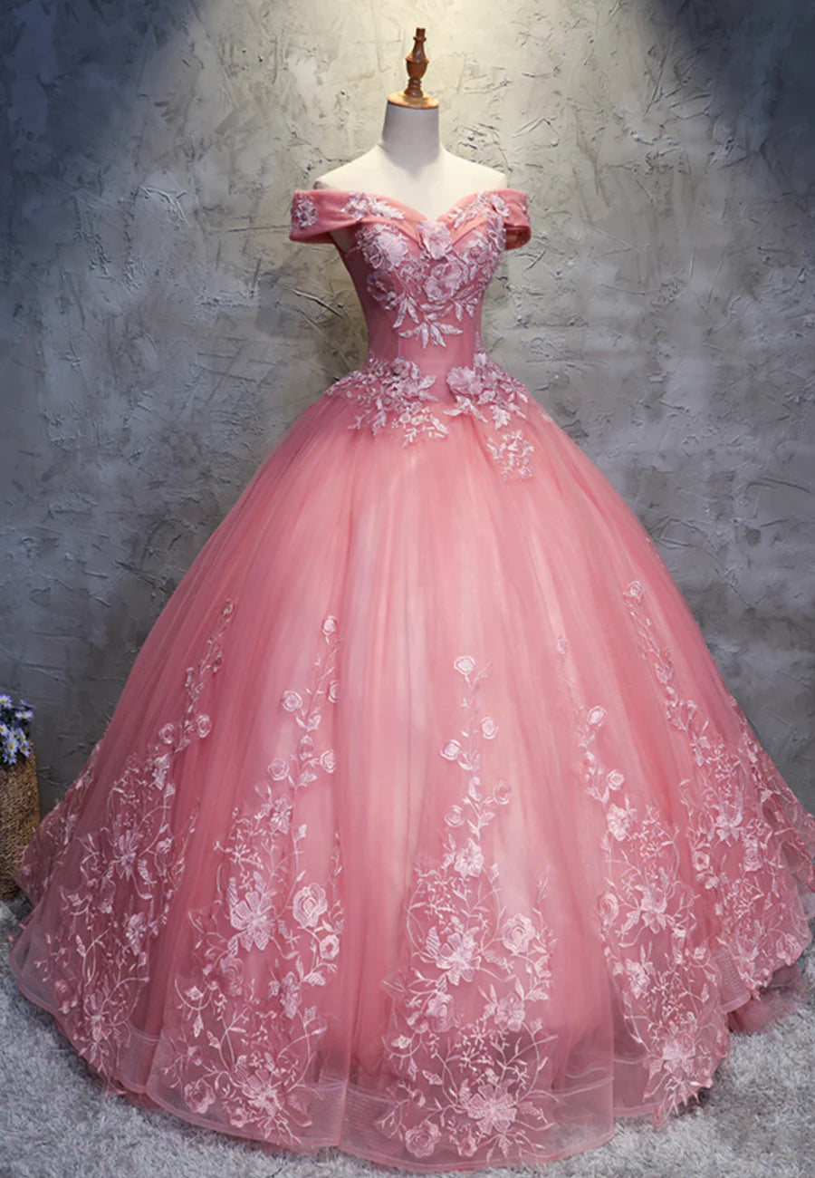 Pink Lace Long Prom Dresses, A-Line Off the Shoulder Evening Dresses TP733